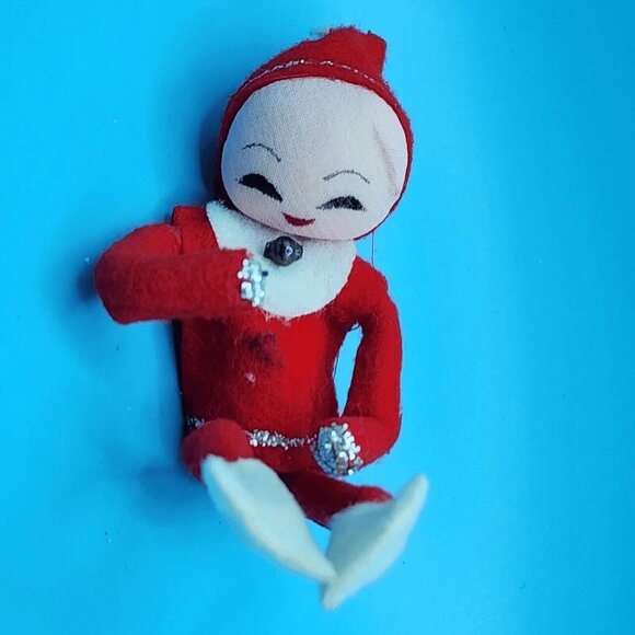 1950s Pixie Knee Hugger Elf Ornament Red White Poseable 5" Sockinette - Picture 2 of 11